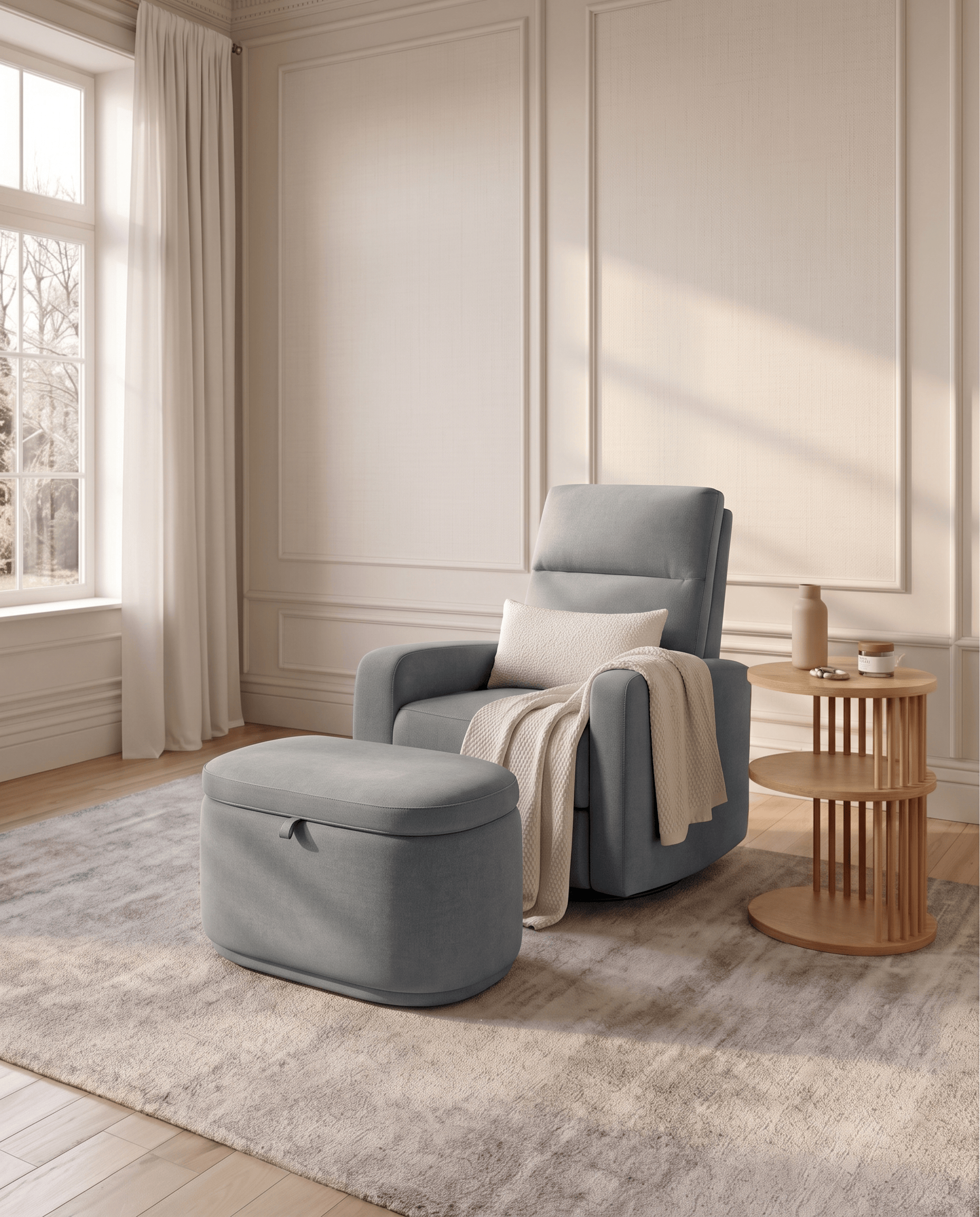 The Glider Plus + Storage Ottoman + Lumbar Pillow